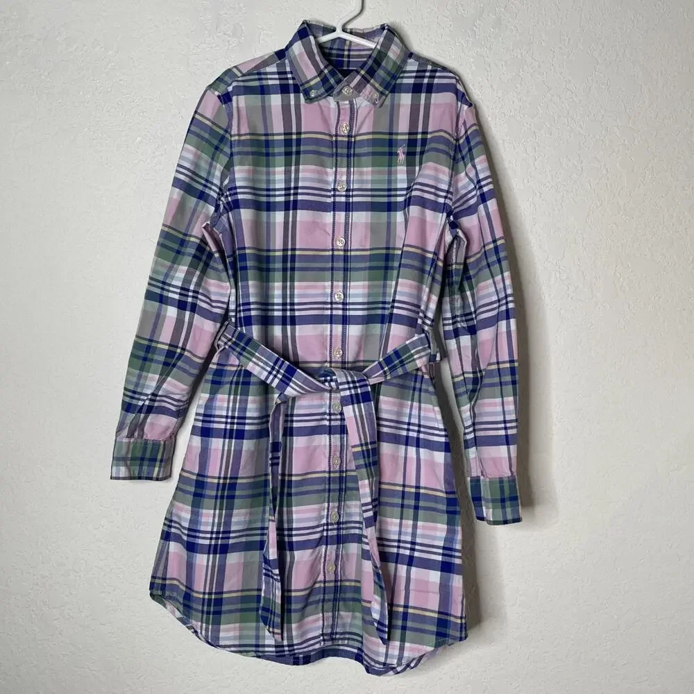 Ralph Lauren Long Sleeve Button Down Plaid Dress Girls Sz 8 Multicolor Belted
